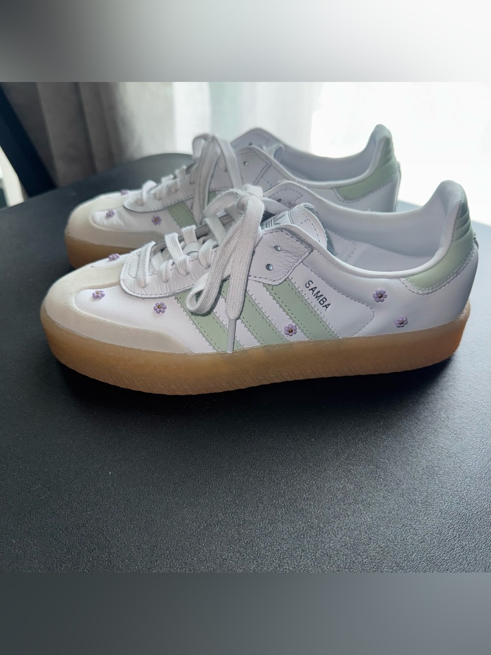 adidas 6.5 Sambas Platform Daisy Gum White Mint Stripes Daisy Accents Shoes